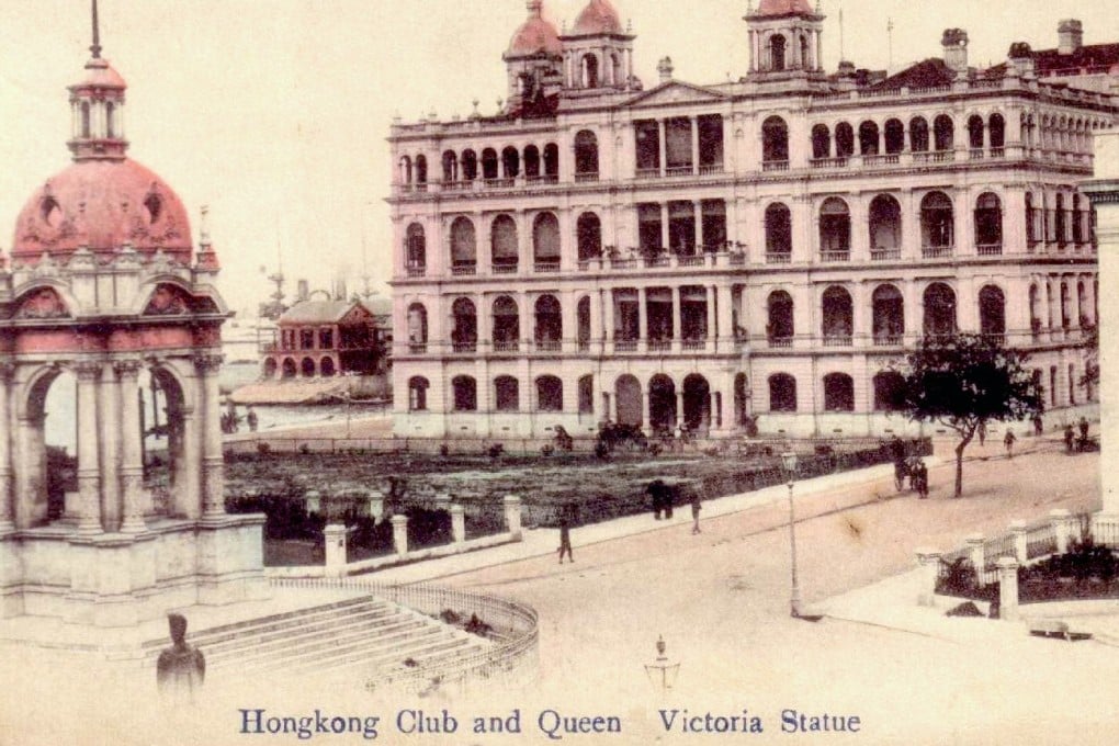 Hong Kong Club and Queen Victoria statue (postcard c. 1905-1910).