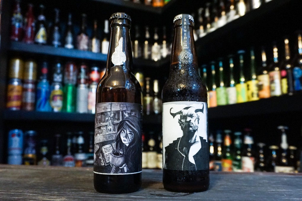 Two beers from Alamat Craft Brew, an independent backyard brewery where beers and labels pay tribute to mythological creatures of the Philippines. On the left is an IPA named “Mambabarang” after a witch that performs malignant sorcery. Beside it is “Sitan”, named after the guardian and keeper of souls in hell. Photo: AJ Bolando