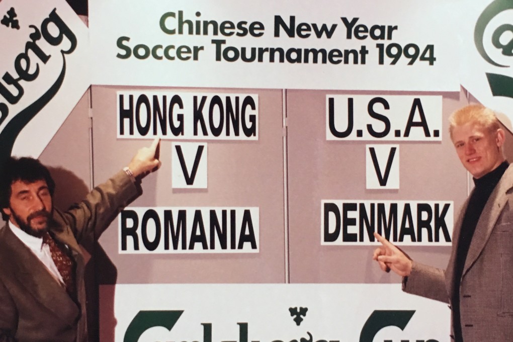 Peter Schmeichel (right) at the 1994 Carlsberg Cup draw with one of the chief organisers Derek Currie. Photo: Derek Currie