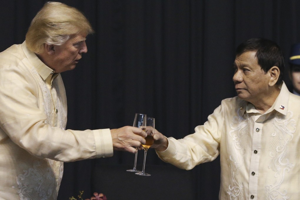 US President Donald Trump and Philippine President Rodrigo Duterte raise a toast during the gala dinner marking the Association of Southeast Asian Nations’ 50th anniversary in Manila, the Philippines, on November 12, 2017. Since taking office, Duterte has revisited his country’s relationship with the US and forged ties with China. Photo: AP