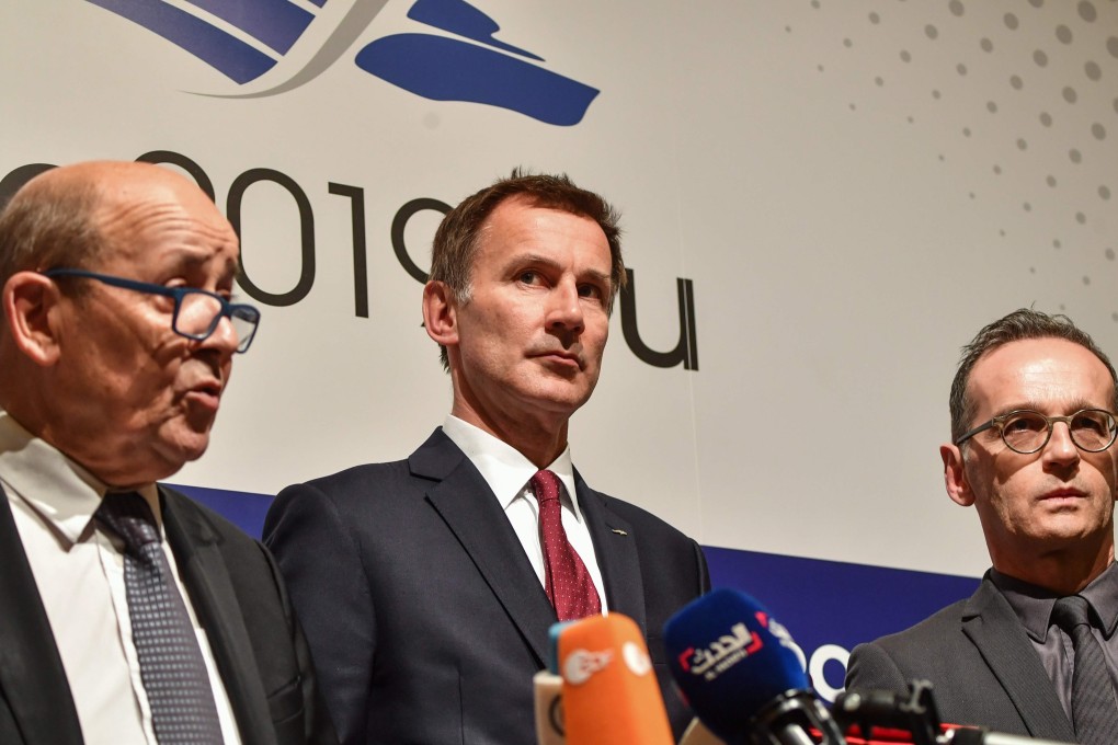 From left, French Foreign Minister Jean-Yves Drian, UK Foreign Secretary Jeremy Hunt and German Foreign Minister Heiko Maas at a news conference on Iran in Bucharest, Romania, on Thursday. Photo: AFP