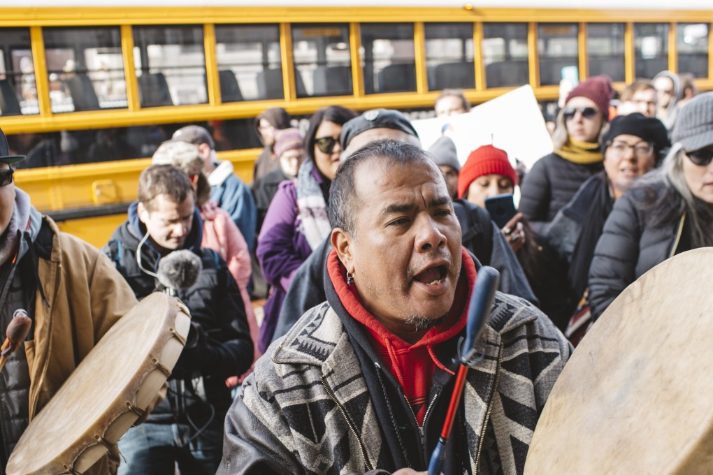Sleepy Eye LaFromboise of the Sioux Nation beats a drum outside the Covington Catholic Diocese in Covington, Kentucky, on January 22, days after a video of a confrontation between Native Americans and Covington High students in Washington went viral. Photo: The Washington Post.