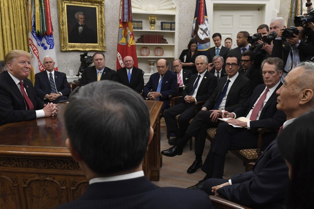 US President Donald Trump (left) meets Chinese Vice-Premier Liu He (right) in the Oval Office with other officials and members of the trade delegations on Wednesday. Photo: AP