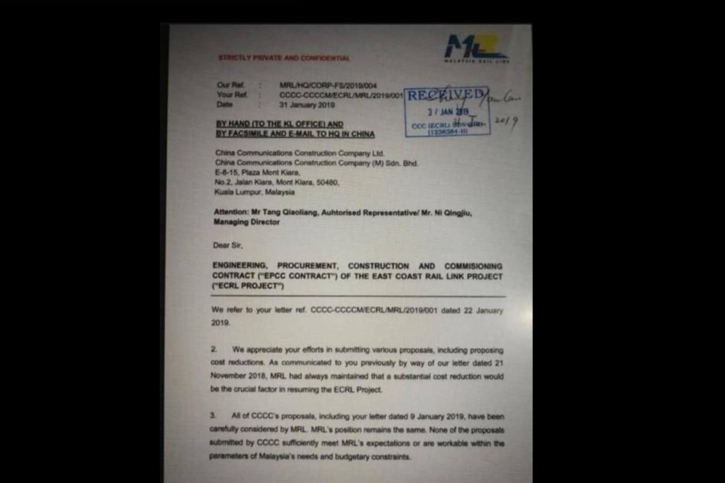 A screenshot of a letter, posted on the Facebook page of former premier Najib Razak, appears to indicate the Malaysian government had come to a final decision to cancel the ECRL project.