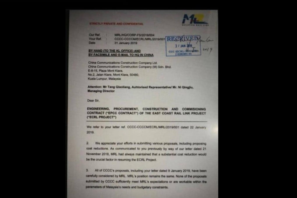 A screenshot of a letter, posted on the Facebook page of former premier Najib Razak, appears to indicate the Malaysian government had come to a final decision to cancel the ECRL project.