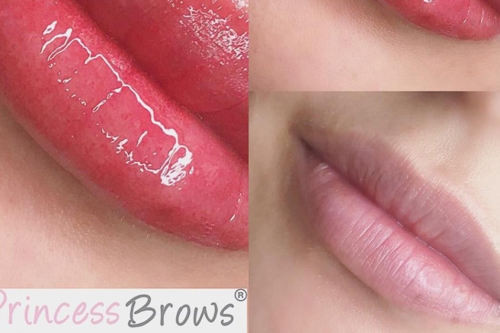 Permanent lip gloss compared with natural lips.