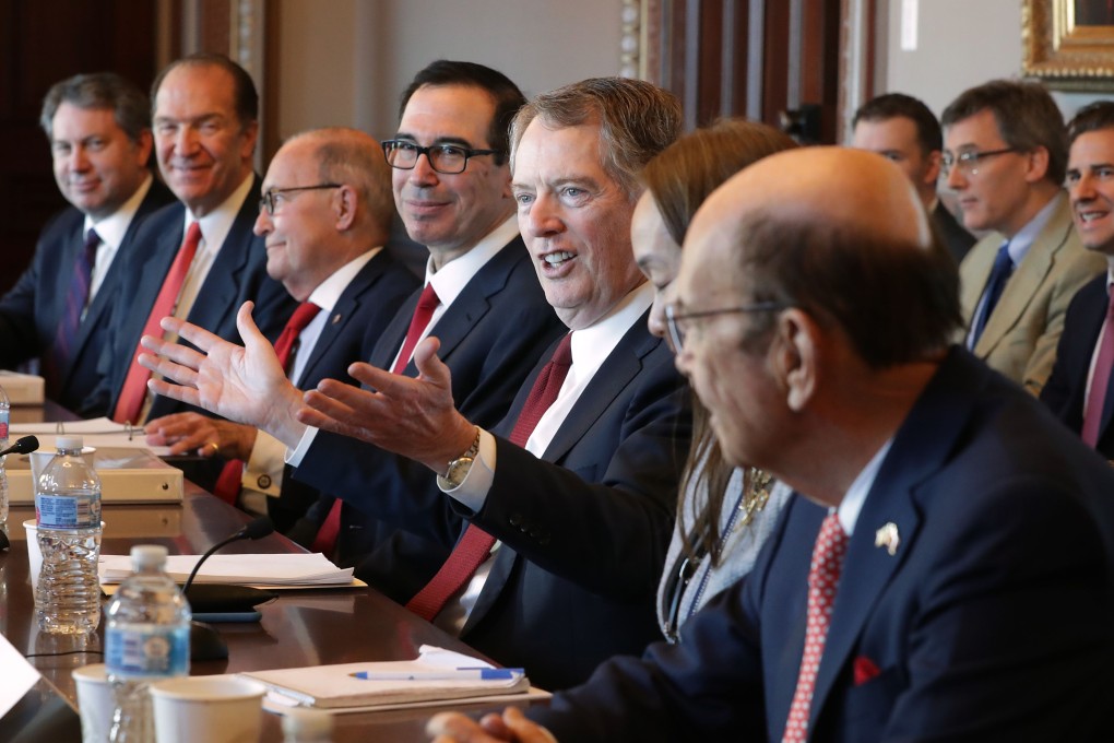 US Trade Representative Robert Lighthizer (fifth from left) opened the high-level talks with a joke about officials being cropped out of official pictures. Photo: AFP
