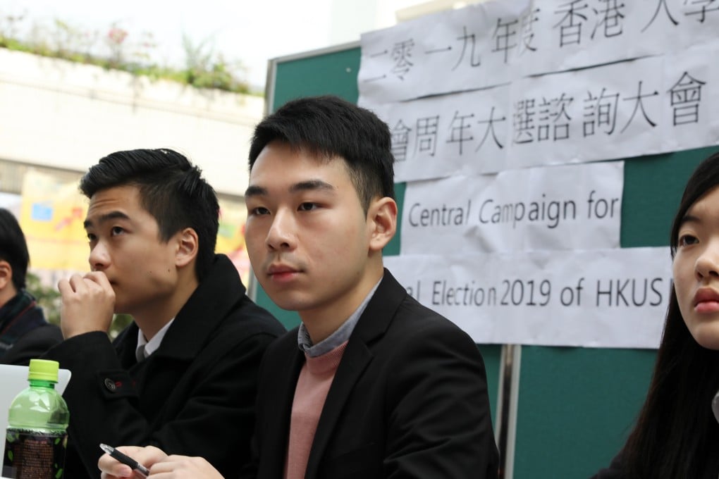 Student union presidential candidate Cheng Chun-hei (centre) received 4,785 votes against him and only 427 backing his bid. Photo: Nora Tam