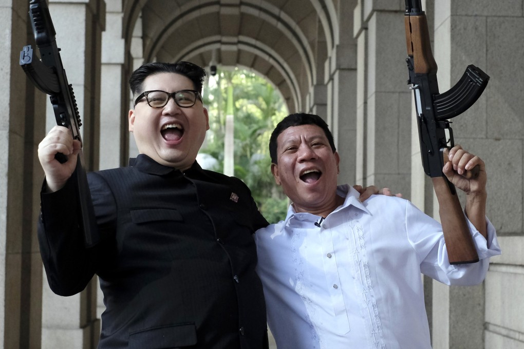 Impersonators Howard X as North Korean President Kim Jong-un and Cresencio Extreme as Philippines President Rodrigo Duterte in Hong Kong. Photo: Tory Ho