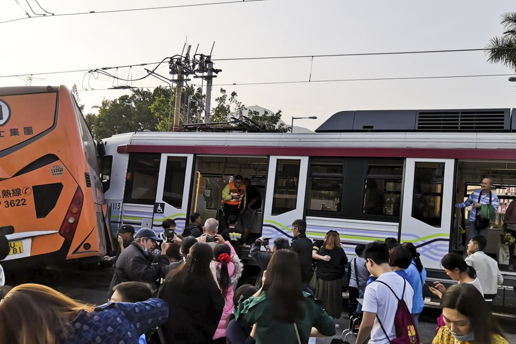 A light Rail train and a coach bus crash in a traffic accident in Hung Shui Kiu. Photo: Facebook