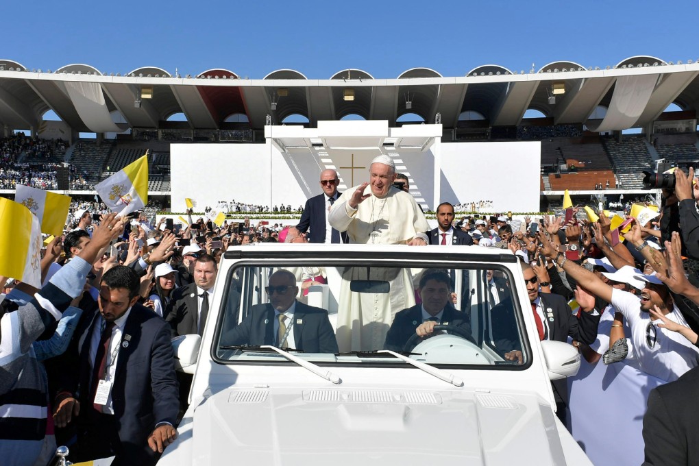Pope Francis arriving at the Zayed Sports City Stadium on Tuesday. Photo: Reuters