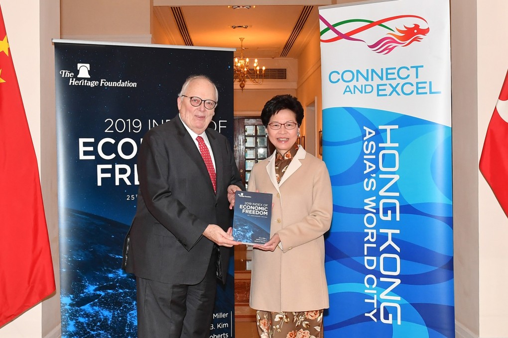 Hong Kong Chief Executive Carrie Lam meets with the founder of the Heritage Foundation, Dr Edwin Feulner, to receive a copy of the 2019 Index of Economic Freedom Report. Photo: ISD