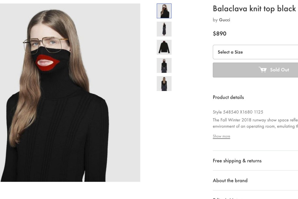 A screenshot taken on Thursday from an online fashion outlet showing the balaclava jumper that was recently pulled from Gucci’s online and physical stores. Photo: AP