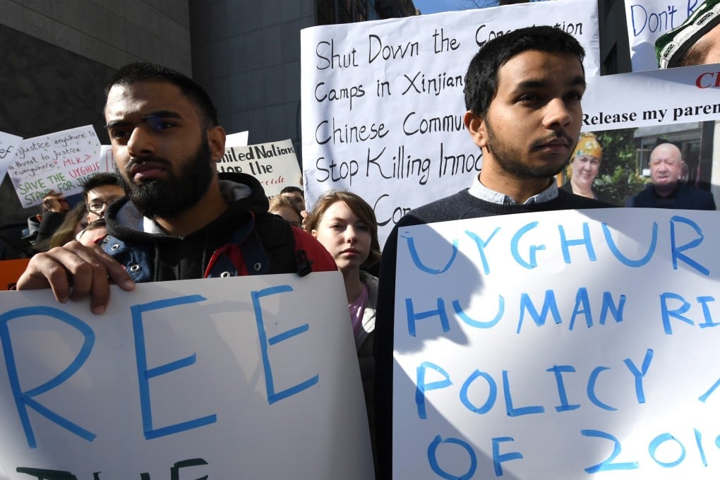 People protest at a Uygur rally in front of the US Mission to the United Nations, to encourage the State Department to fight for the freedom of China’s majority-Muslim Uygur population. Photo: AFP