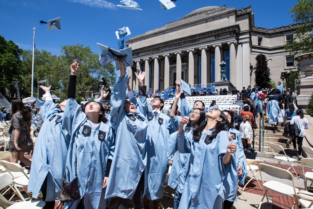 A group of Chinese graduates throw their academic caps into the air after the 2016 commencement ceremony at Columbia University in New York. China’s Ministry of Education said that more than 600,000 Chinese studied abroad in the 2017-18 academic year. Photo: Xinhua