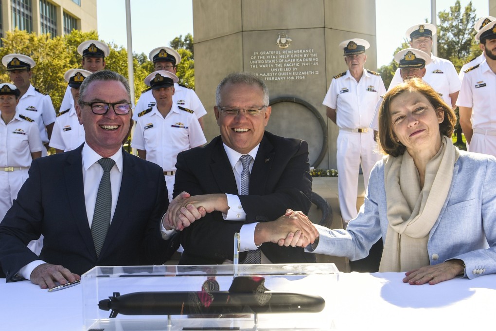 From left: Australian Defence Minister Christopher Pyne, Australian Prime Minister Scott Morrision and French Defence Minister Florence Parly. Photo: Reuters