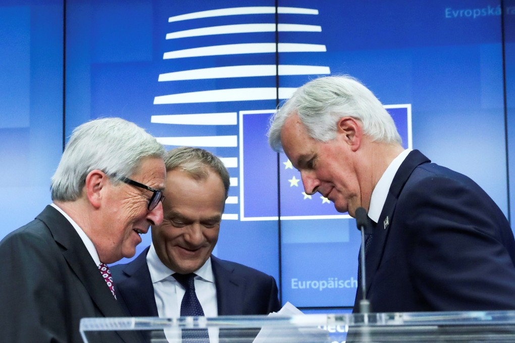 From left: European Commission President Jean-Claude Juncker, European Council President Donald Tusk and the European Union’s chief Brexit negotiator Michel Barnier chat during a news conference after an extraordinary EU leaders summit to formalise the Brexit agreement in Brussels, Belgium on November 25, 2018. Photo: Reuters