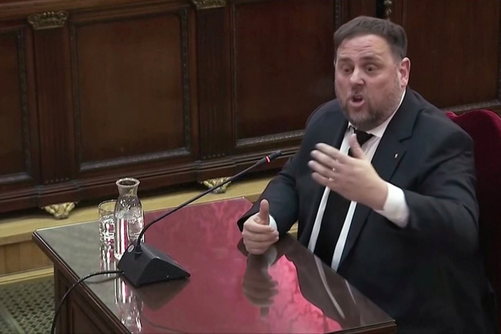 Former Catalan Vice President Oriol Junqueras testifies before judges during the trial of jailed Catalan separatist leaders at the Supreme Court in Madrid, Spain, February 14, 2019 in this screengrab taken from video. Photo: Reuters