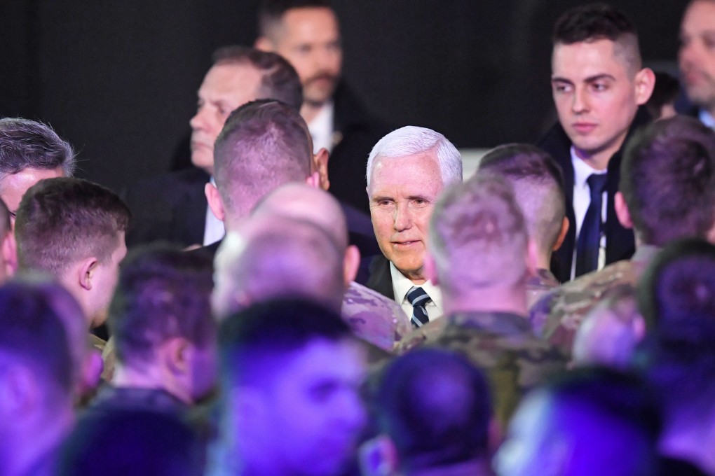 US Vice-President Mike Pence visits Polish and US soldiers at the 1st Airlift Base in Warsaw on Wednesday. Photo: EPA