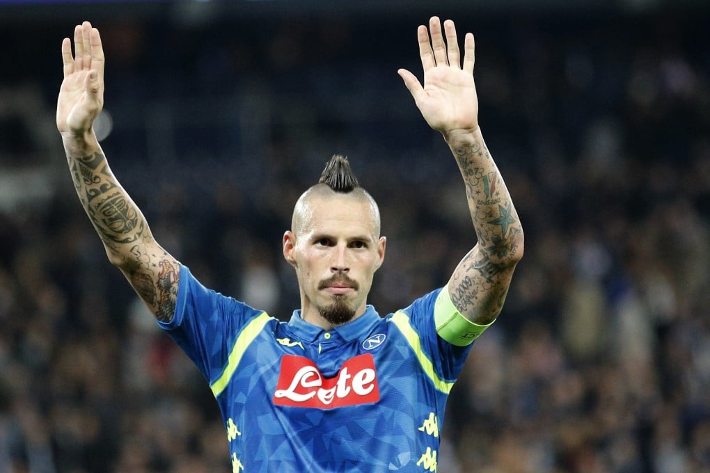 Napoli’s Marek Hamsik waves to the supporters at the end of the Champions League group C match against Paris Saint-Germain. Photo: AP
