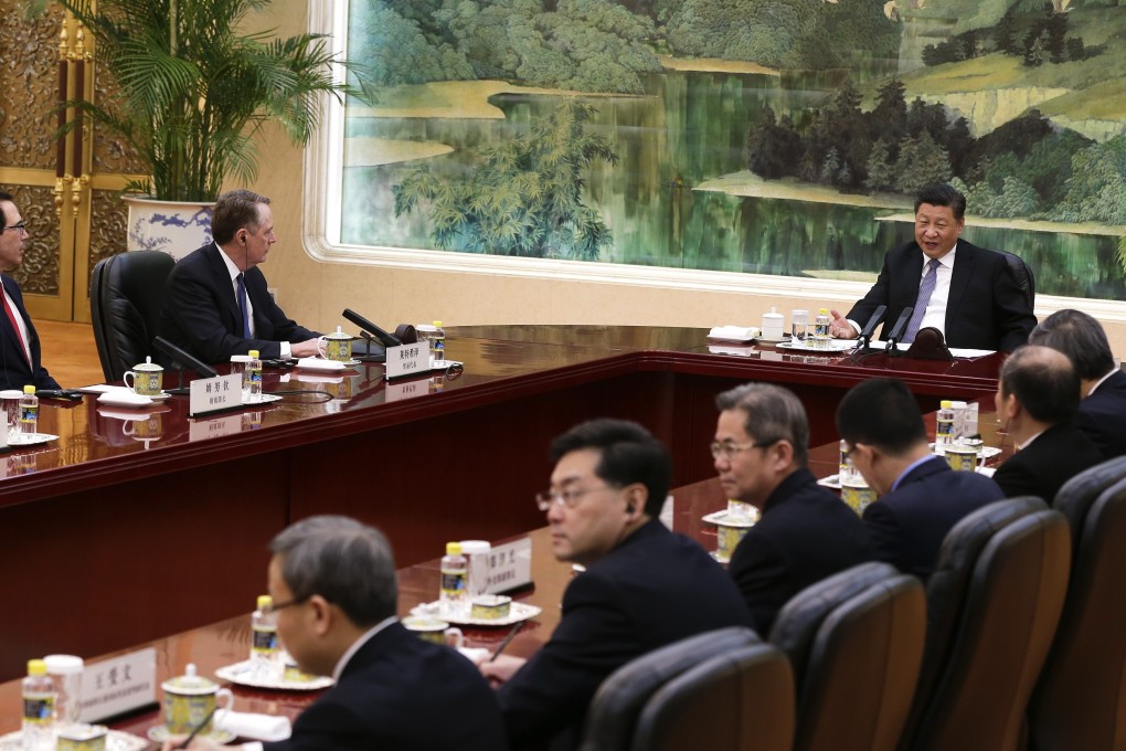 Chinese President Xi Jinping meets US Trade Representative Robert Lighthizer (second left), US Treasury Secretary Steven Mnuchin (left) and Chinese officials in Beijing on Friday. Photo: AP