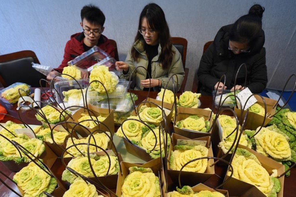 A team of students from Nanjing Agricultural University packaged the latest crop of rose-shaped vegetables into bouquets and sold them for Valentine’s Day. Photo: Weibo