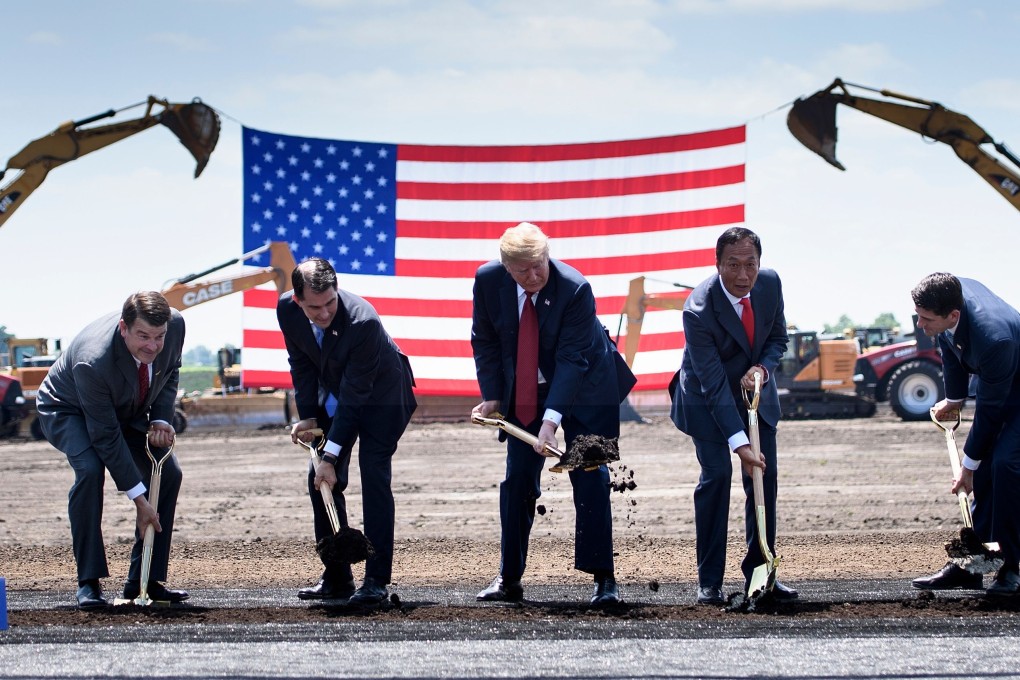 Wisconsin Governor Scott Walker (second from left), US President Donald Trump (centre), Foxconn chairman Terry Gou (second from right) and former House speaker Paul Ryan (right) at the groundbreaking for a Foxconn facility in Wisconsin on June 28, 2018. Photo: AFP