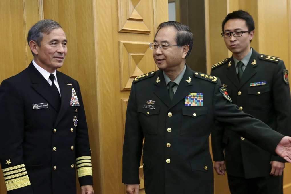 Former Chinese chief of staff General Fang Fenghui (centre) meets former US Navy admiral Harry Harris in Beijing in 2015. Photo: Reuters