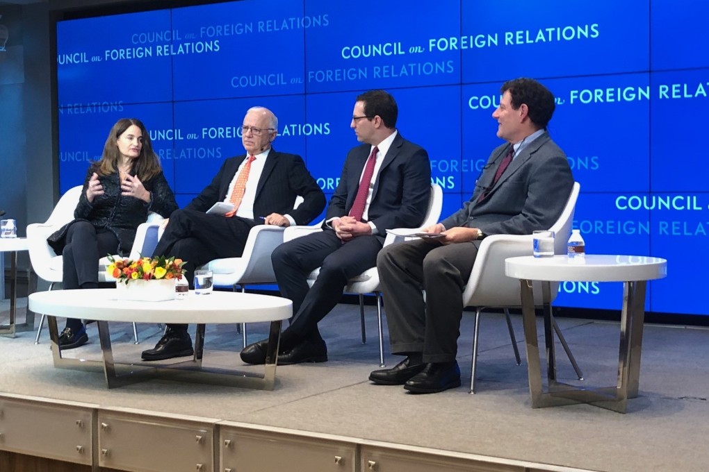 Elizabeth Economy, Stephen Orlins (second from left) and Ely Ratner debating whether China is a strategic competitor to the US in New York on Tuesday. ‘New York Times’ columnist Nicholas Kristof (right) is the moderator. Photo: Robert Delaney