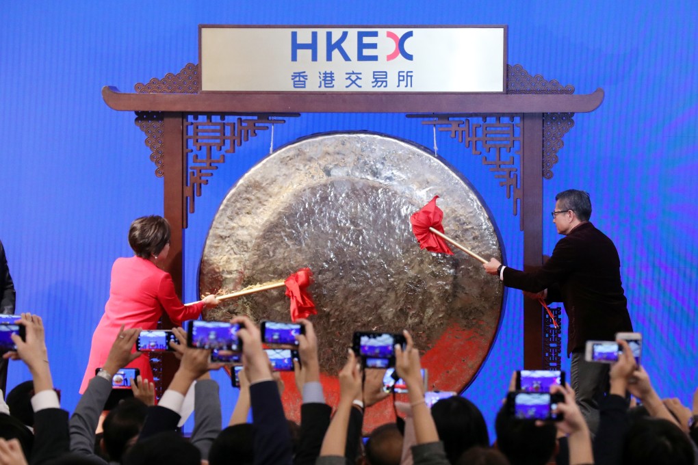 Hong Kong Exchanges and Clearing Limited’s Chairman Laura Cha Shih May-lung and Hong Kong Financial Secretary Paul Chan Mo-po ringing in the first trading day in the Year of the Pig on the lunar calendar on 8 February, 2019. Photo: Felix Wong