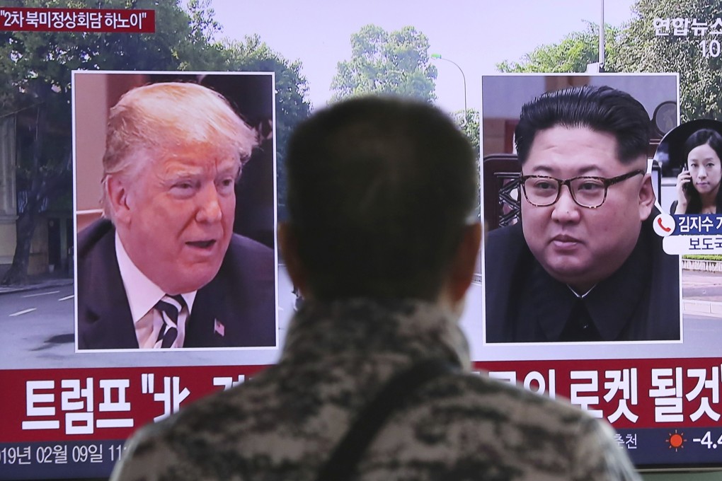 US President Donald Trump and North Korean leader Kim Jong-un, shown during a Seoul television news programme, are scheduled to meet in Hanoi next week. Photo: SCMP Pictures