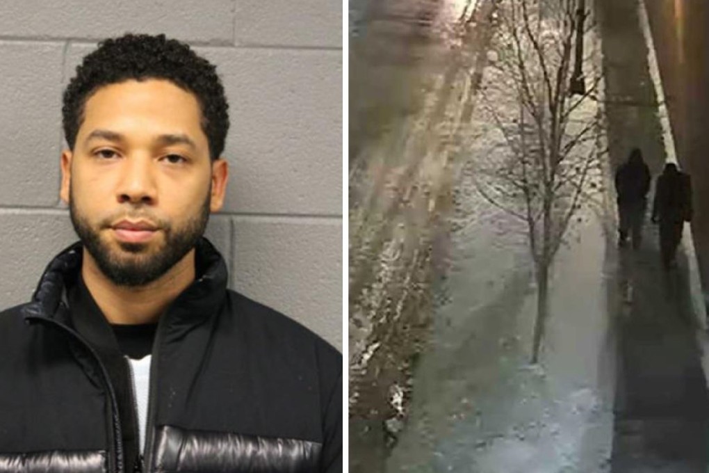 Jussie Smollett (left) in Thursday booking photo released by the Chicago Police Department. On the right is a CCTV image that Smollett had said showed his attackers – a claim police now say is false. Photos: AP