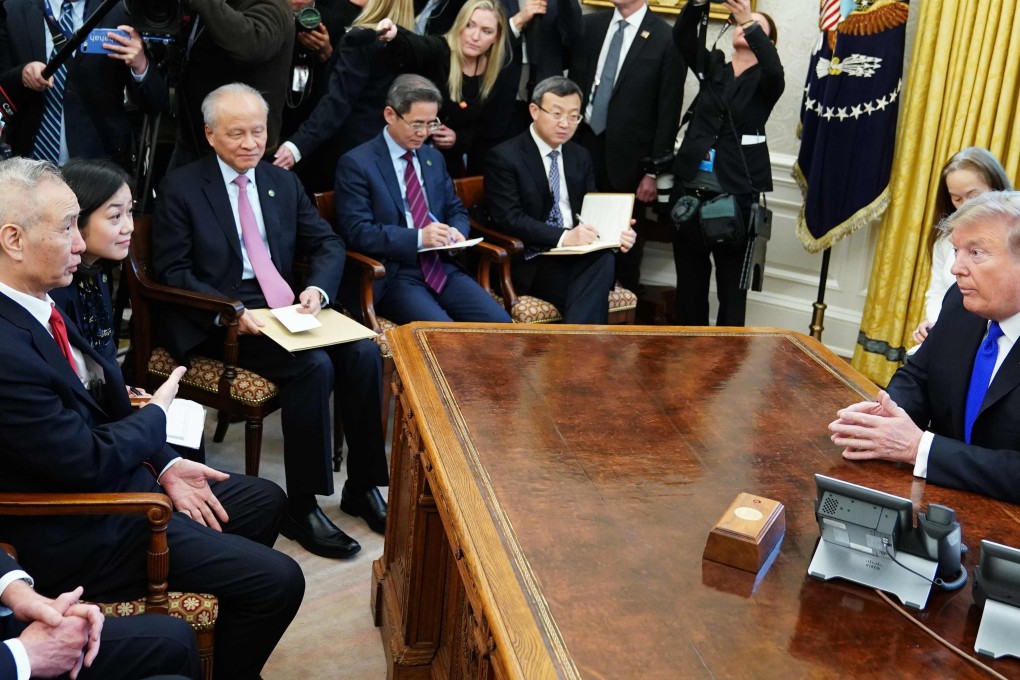 China's Vice-Premier Liu He speaks across the table from US President Donald Trump in the Oval Office of the White House on Friday. Both men said they believed that a deal to resolve the trade war between their countries was likely. Photo: AFP
