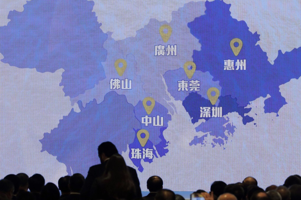 A map of the Greater Bay Area shown during a symposium in Hong Kong. Photo: AP Photo/Kin Cheung