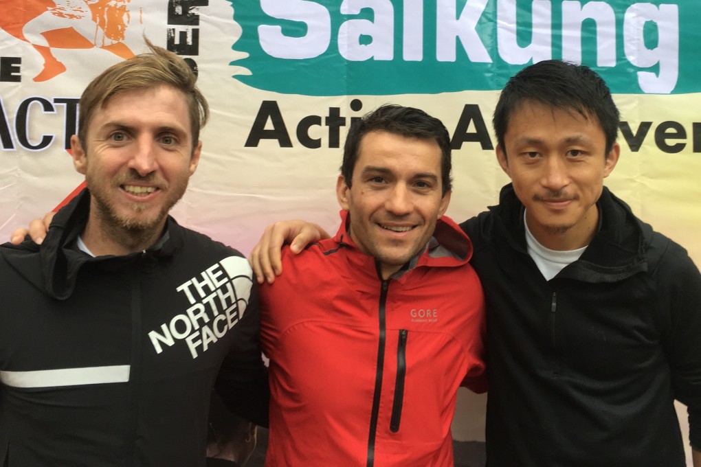 Brothers-in-arms (from left) Vlad Ixel, Adrien Konareff and Bin Lang, who crossed the line together in second place. Photos: Mark Agnew