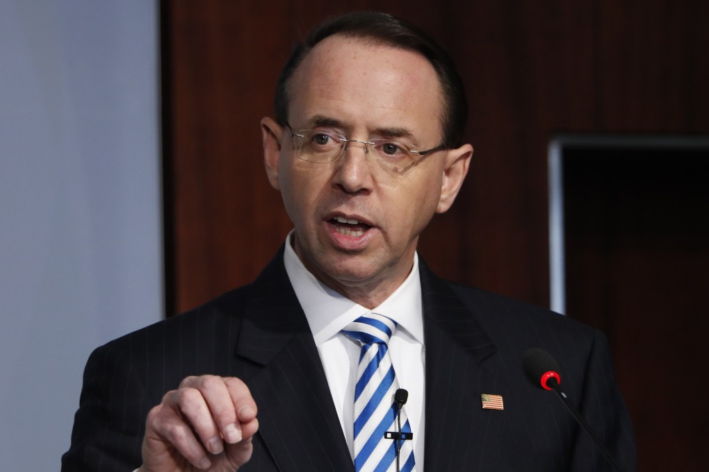 US Deputy Attorney General Rod Rosenstein, speaking Monday at a Centre for Strategic and International Studies event on the rule of law, described China as a foreign adversary whose forced internment of Uygurs reflected a government that used law as ‘a mechanism for rulers to maintain control and quash dissent’. Photo: AP