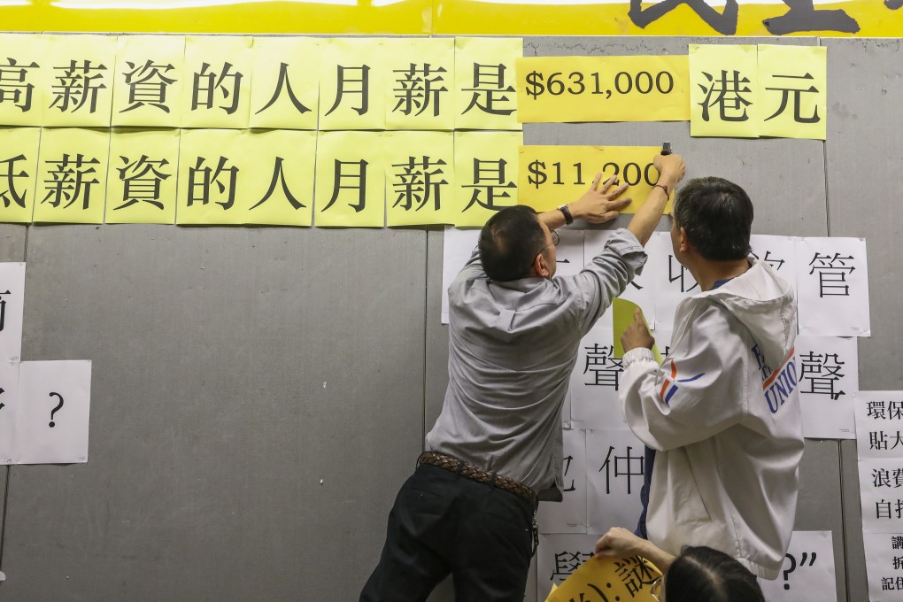 Left to right: Dr John Tse Wing-ling, chairman of the City University Staff Association and HKCTU’s Lee Cheuk-yan protest in front of the Democracy Wall at City University. Photo: K. Y. Cheng