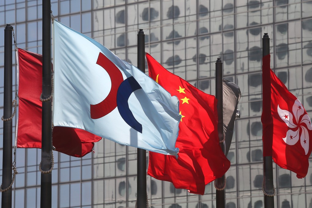 The Hong Kong stock exchange flag, China flag and Hong Kong flag are seen outside the Hong Kong stock exchange in Central. Photo: Dickson Lee