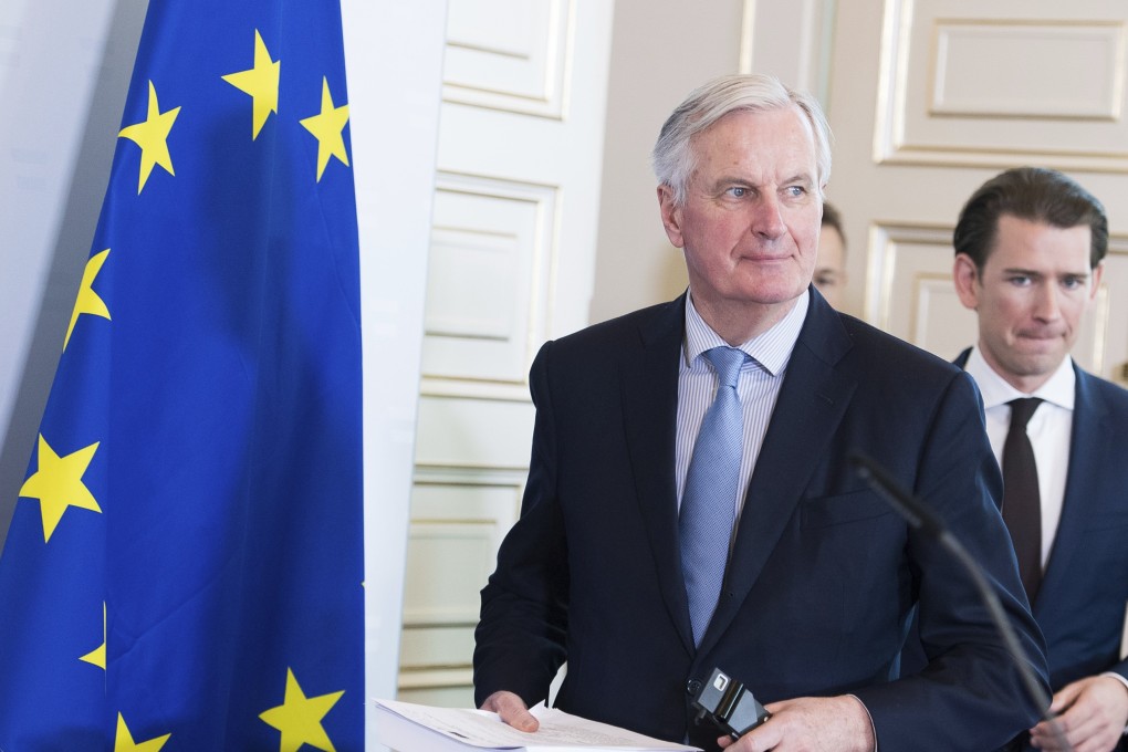 Austrian Chancellor Sebastian Kurz (right) and European Union chief Brexit negotiator Michel Barnier arrive for a press conference at the federal chancellery in Vienna. Photo: AP Photo
