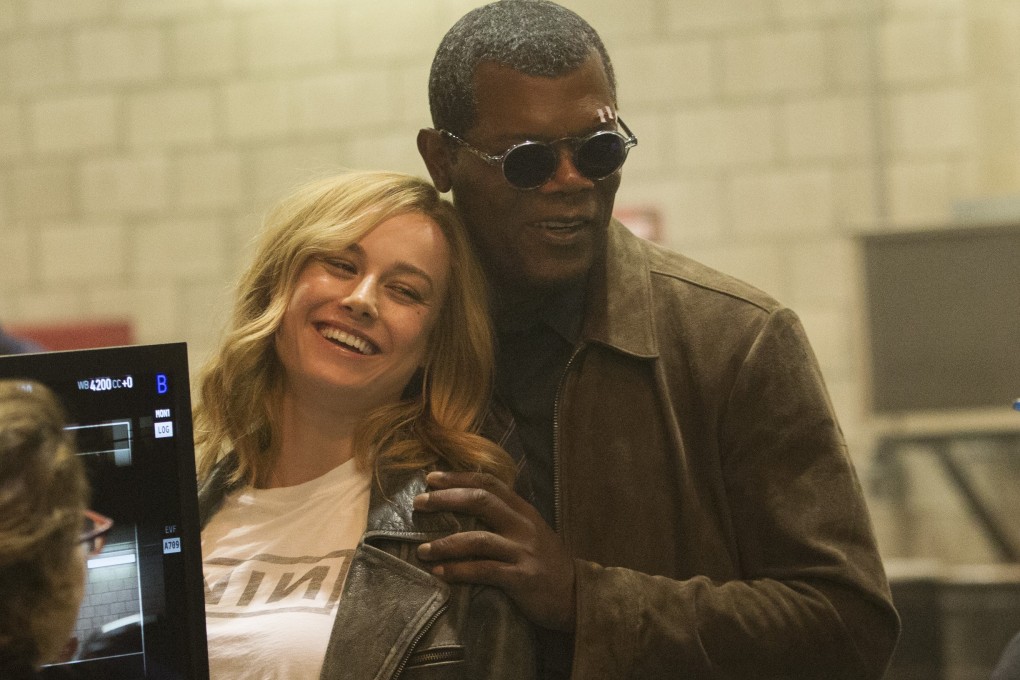 Brie Larson and Samuel L. Jackson on the set of Captain Marvel – the first solo Marvel film with a female lead star. Photo: Chuck Zlotnick/Marvel Studios