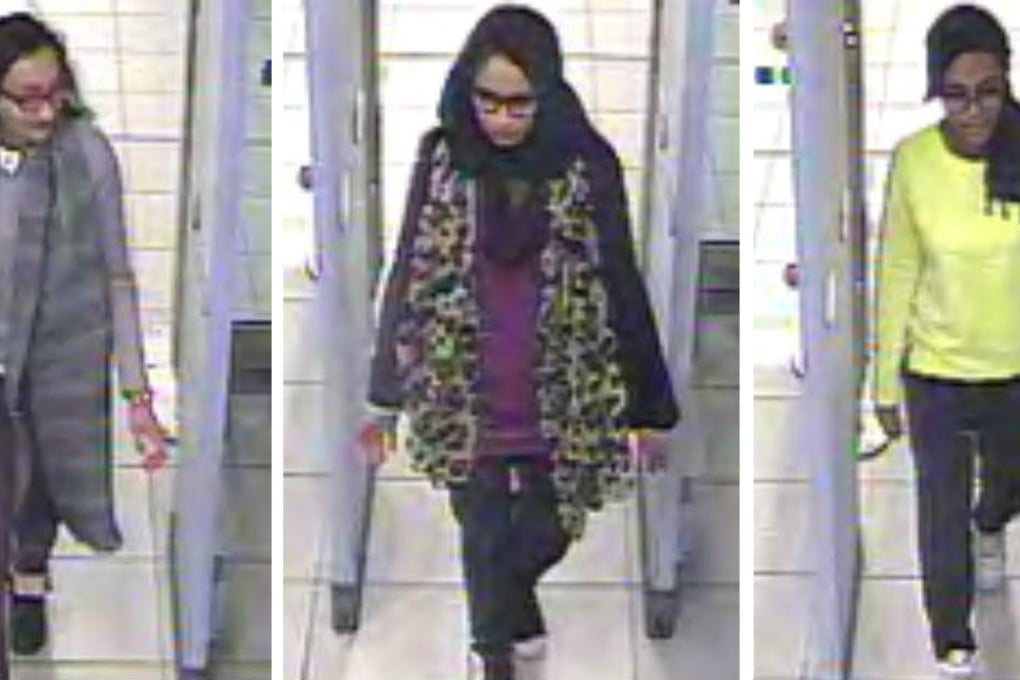 Stills from closed-circuit camera images issued by the Metropolitan Police shows British teenagers (from left) Kadiza Sultana, Shamima Begum and Amira Abase going through security at Gatwick airport in February 2015, before catching their flight to Turkey and travelling to Syria to join Islamic State. Sultana is believed to have been killed in a Russian air strike while the fate of Abase is unclear. Photo: Metropolitan Police via AP