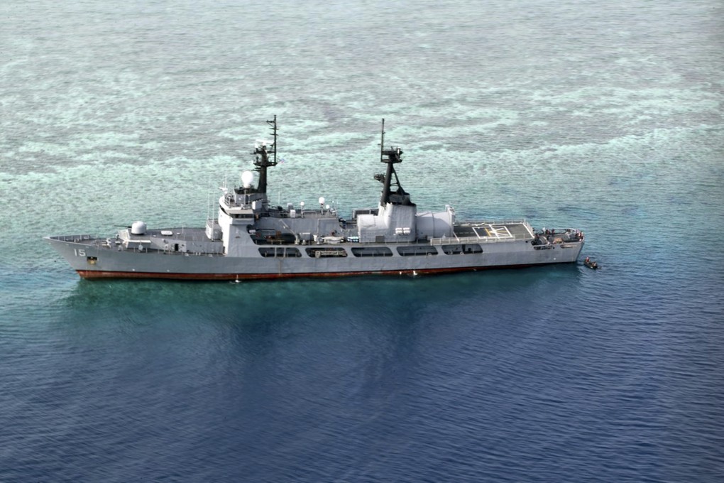 The Philippine Navy ship BRP Gregorio del Pilar, after running aground near Half Moon Shoal, in the South China Sea. Photo: AP