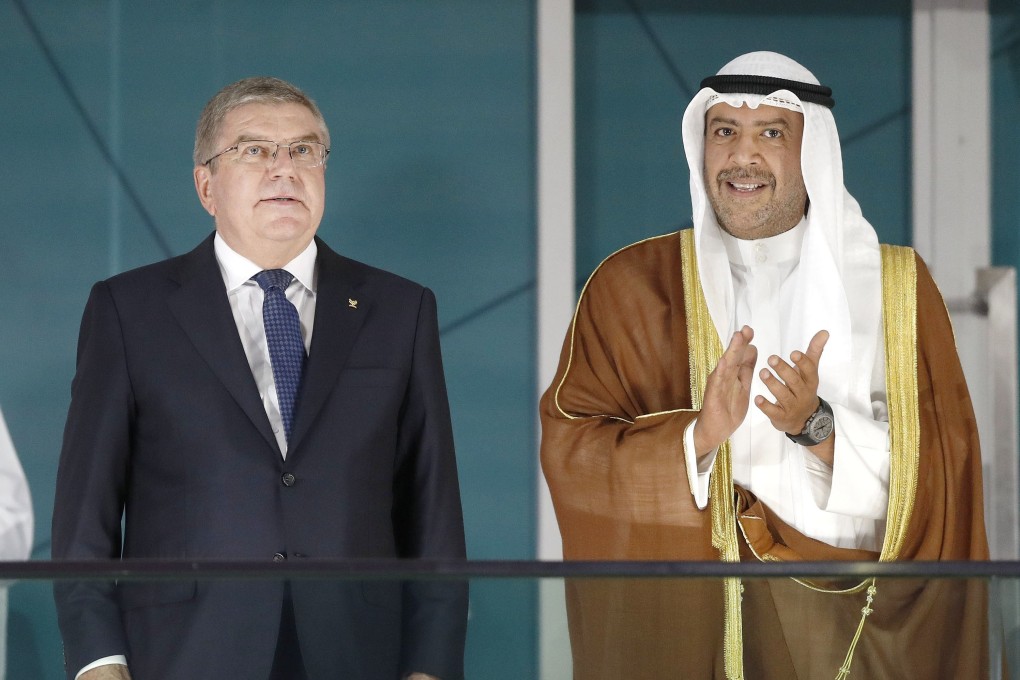 International Olympic Committee President Thomas Bach (left) and Sheikh Ahmad Al-Fahad Al-Sabah, president of the Olympic Council of Asia. Photo: Kyodo