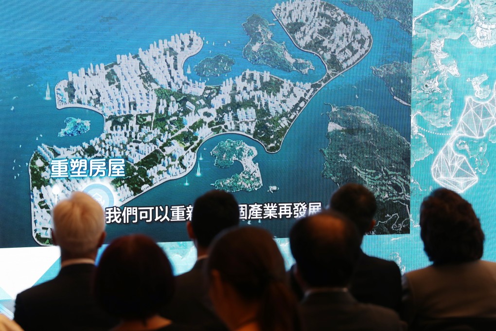 A presentation slide is shown during a press conference on the East Lantau metropolis project, proposing the reclamation of 2,200 hectares for housing to the east of Lantau Island. Photo: K.Y. Cheng