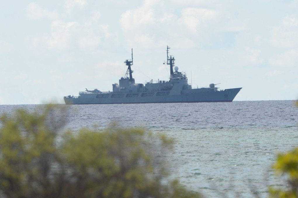 A Philippine navy frigate anchored near Thitu Island. Photo: AFP