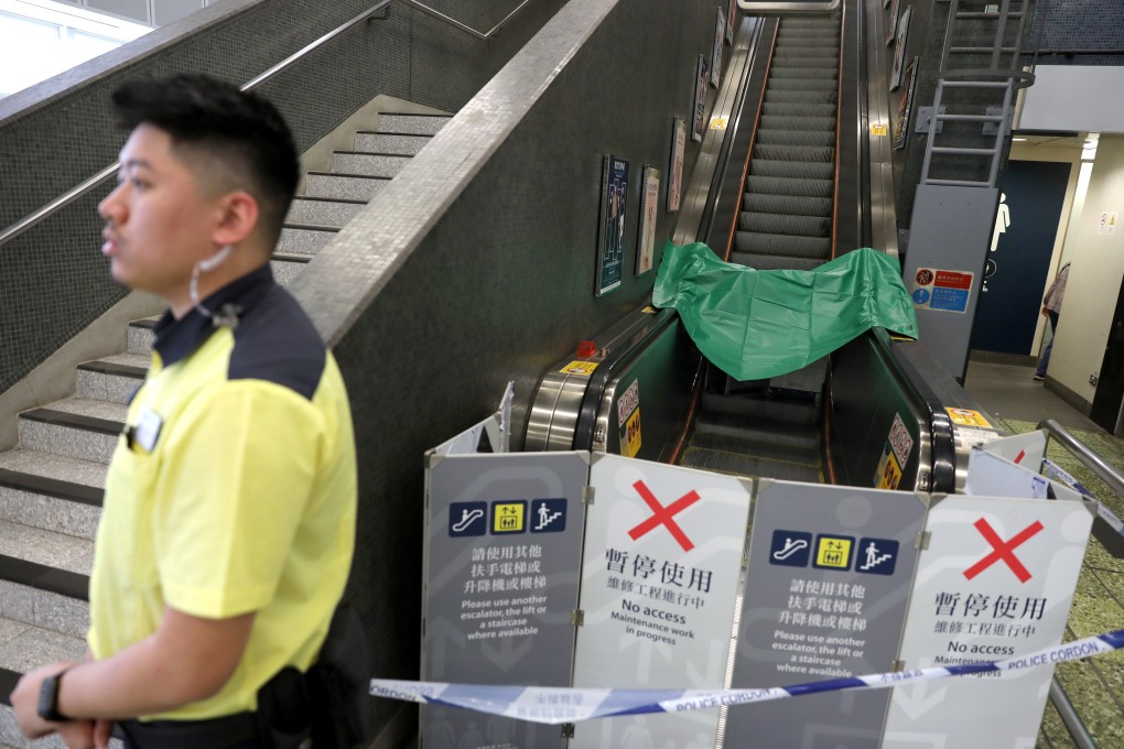 A metal strip on an escalator at the Ngau Tau Kok MTR Station sent nine commuters to the hospital with minor scratches at the end of February. Photo: Sam Tsang