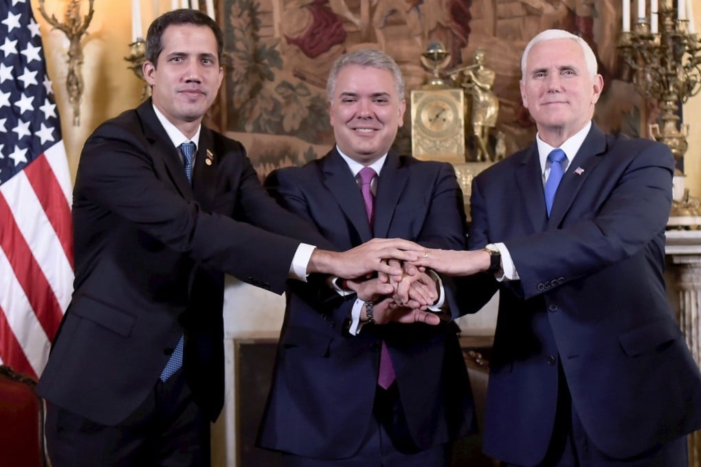 Colombian President Ivan Duque, US Vice-President Mike Pence and Venezuelan opposition leader and self-declared acting president Juan Guaido meet in Bogota. Photo: AFP