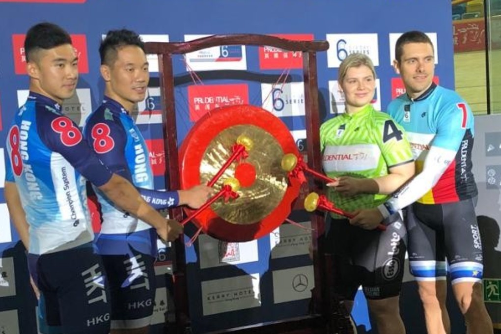 Hong Kong’s Leung Chun-wing and Cheung King-lok is joined by Nicky Degrendele and Kenny De Ketele of Belgium, during a ceremony to mark the start of the PRURide Six Day Hong Kong series. Photo: Chan Kin-wa