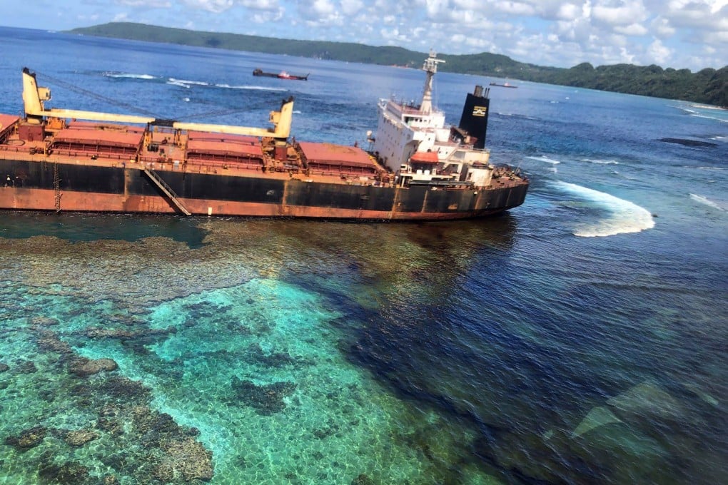 The oil spill from the MV Solomon Trader seen along the coastline of Rennell Island. Photo: AFP