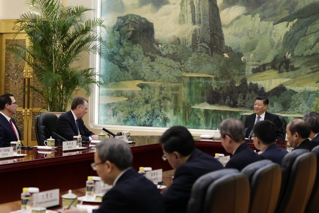 Chinese President Xi Jinping with US trade representative Robert Lighthizer (second left) and US Treasury Secretary Steven Mnuchin (left) at the Great Hall of the People in Beijing in February. Photo: EPA
